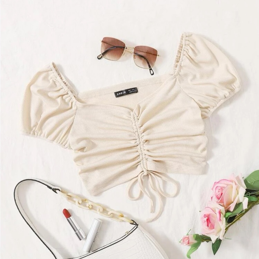 Drawstring puff sleeve crop top